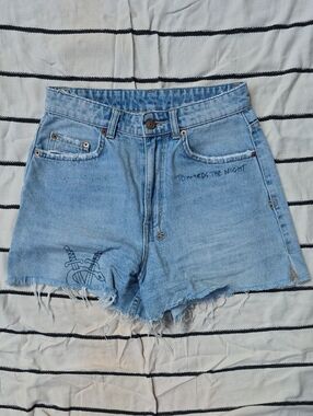 Ksubi Graffiti Light Blue Distressed High-Waist Denim Shorts